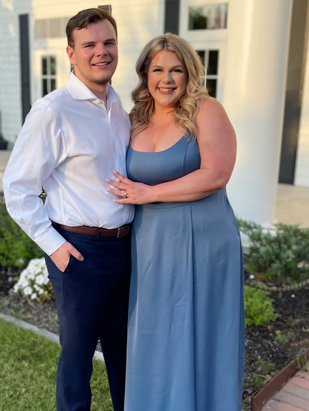 David’s bridal full length gown in dusty blue color